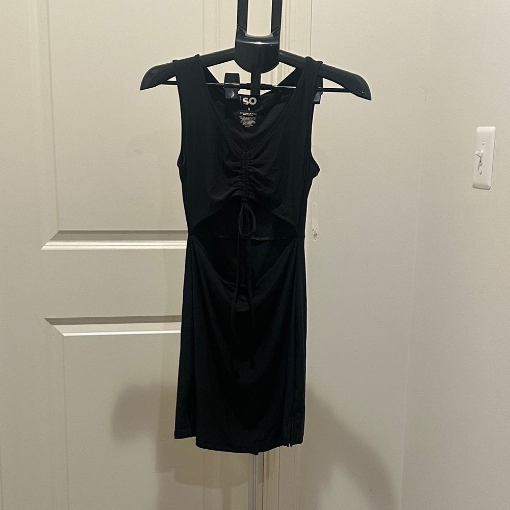 SO Black Ruched Cutout Tank Dress with Tie Detail
